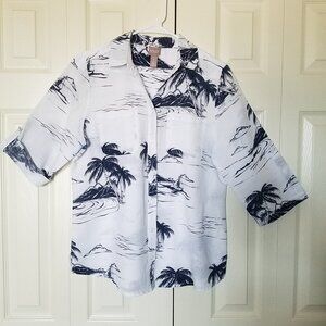 CHICO’S Linen Blend Button Up Hawaii Aloha Blouse White Navy Blue Pockets 1(M)